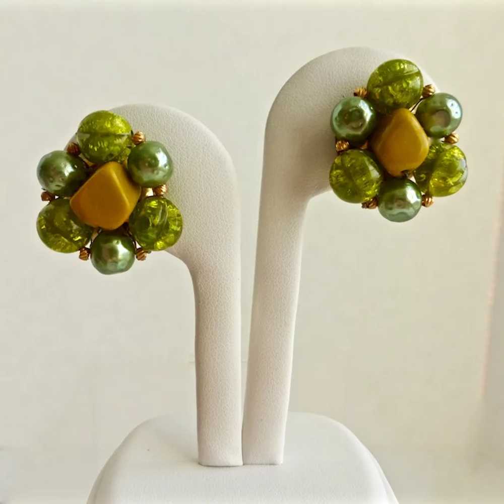 Hattie CARNEGIE Green Beaded Earrings 1950s, Clip… - image 2