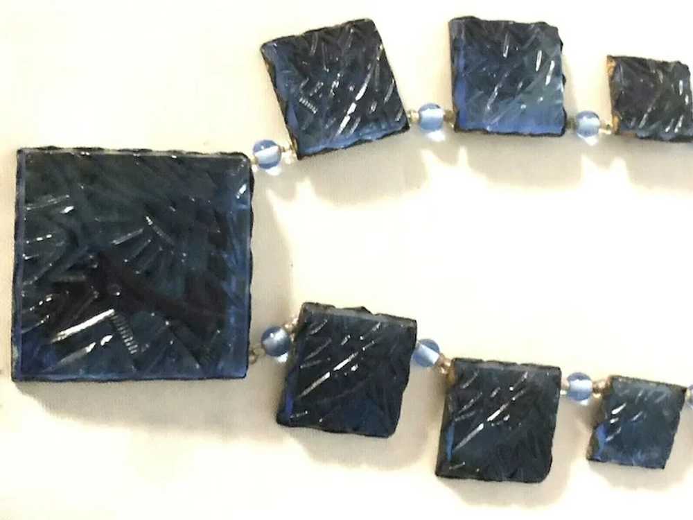 1920's Art Deco Czech Carved Blue Foiled Glass Sq… - image 3