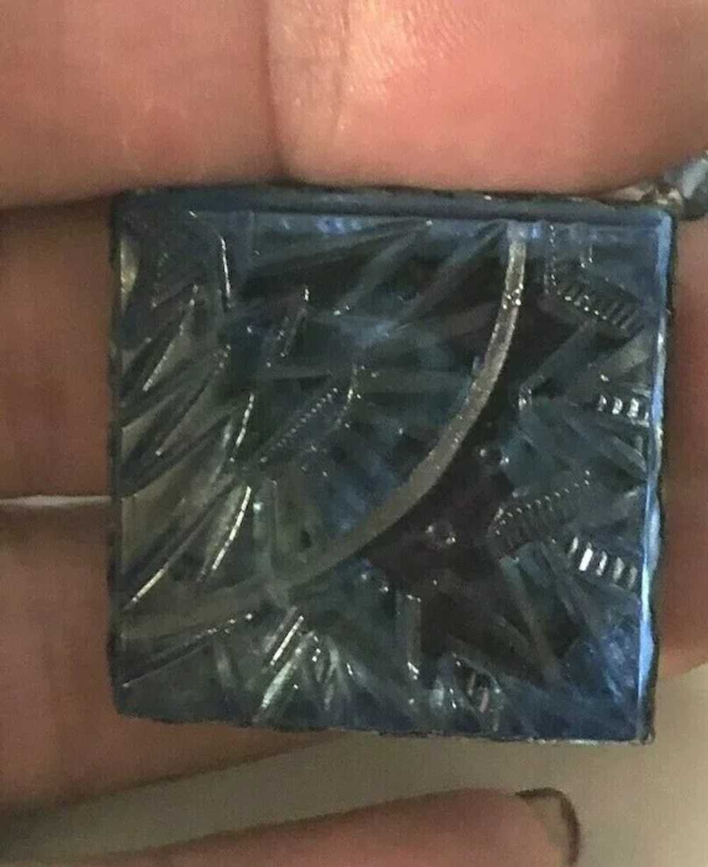 1920's Art Deco Czech Carved Blue Foiled Glass Sq… - image 4