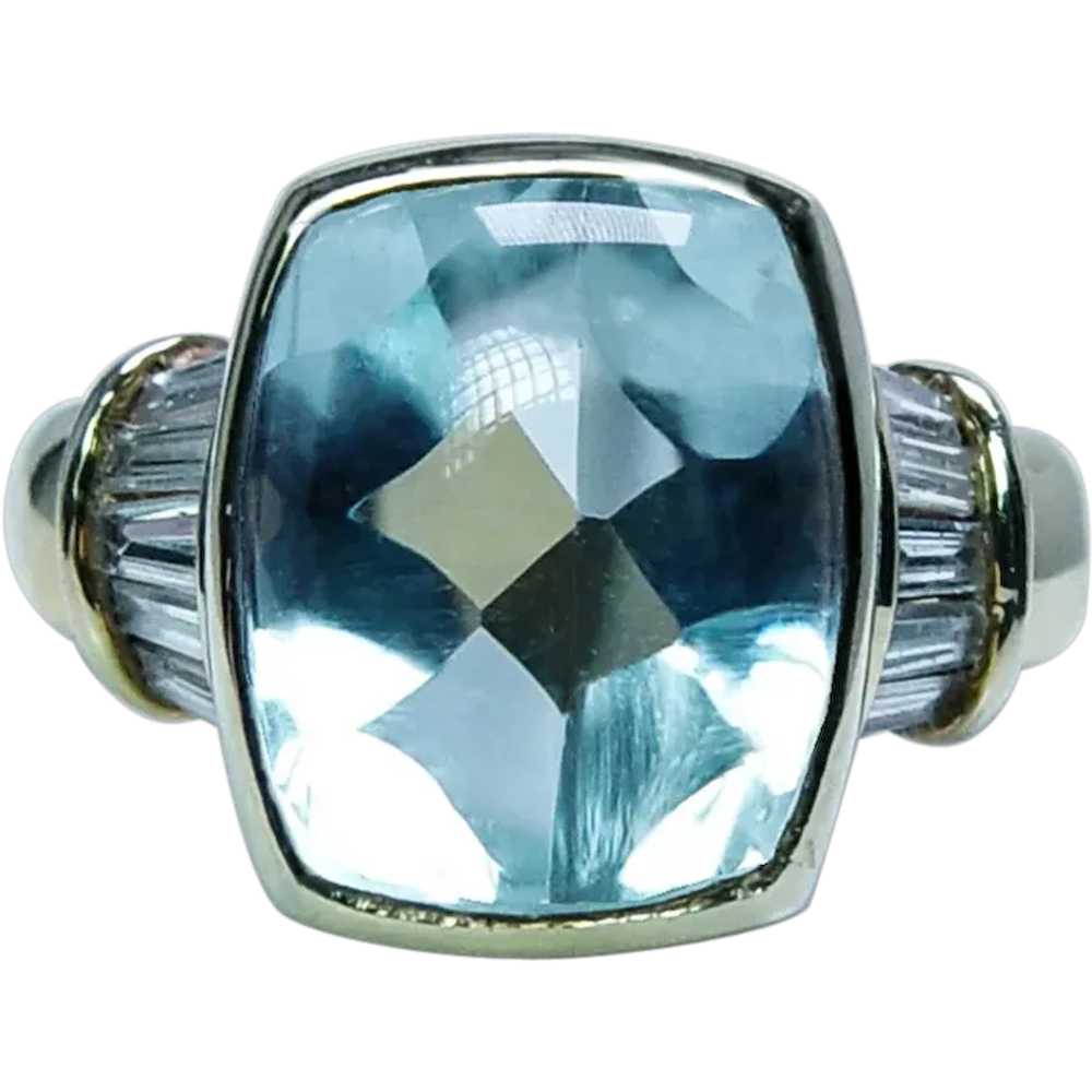 Vintage Cushion Aquamarine Baguette Diamond Ring … - image 1