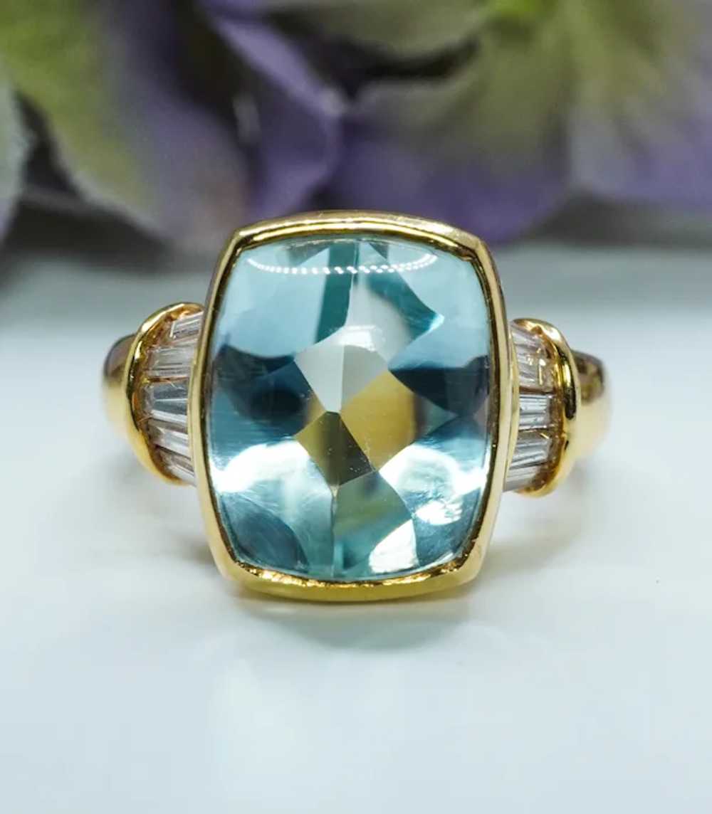 Vintage Cushion Aquamarine Baguette Diamond Ring … - image 2