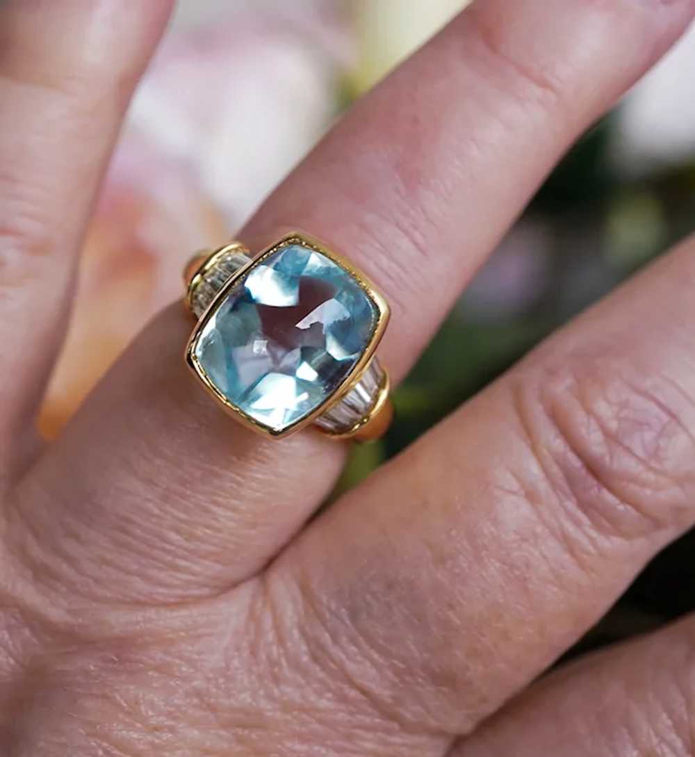 Vintage Cushion Aquamarine Baguette Diamond Ring … - image 4