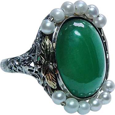 Edwardian Antique Apple Green Onyx Filigree Ring … - image 1