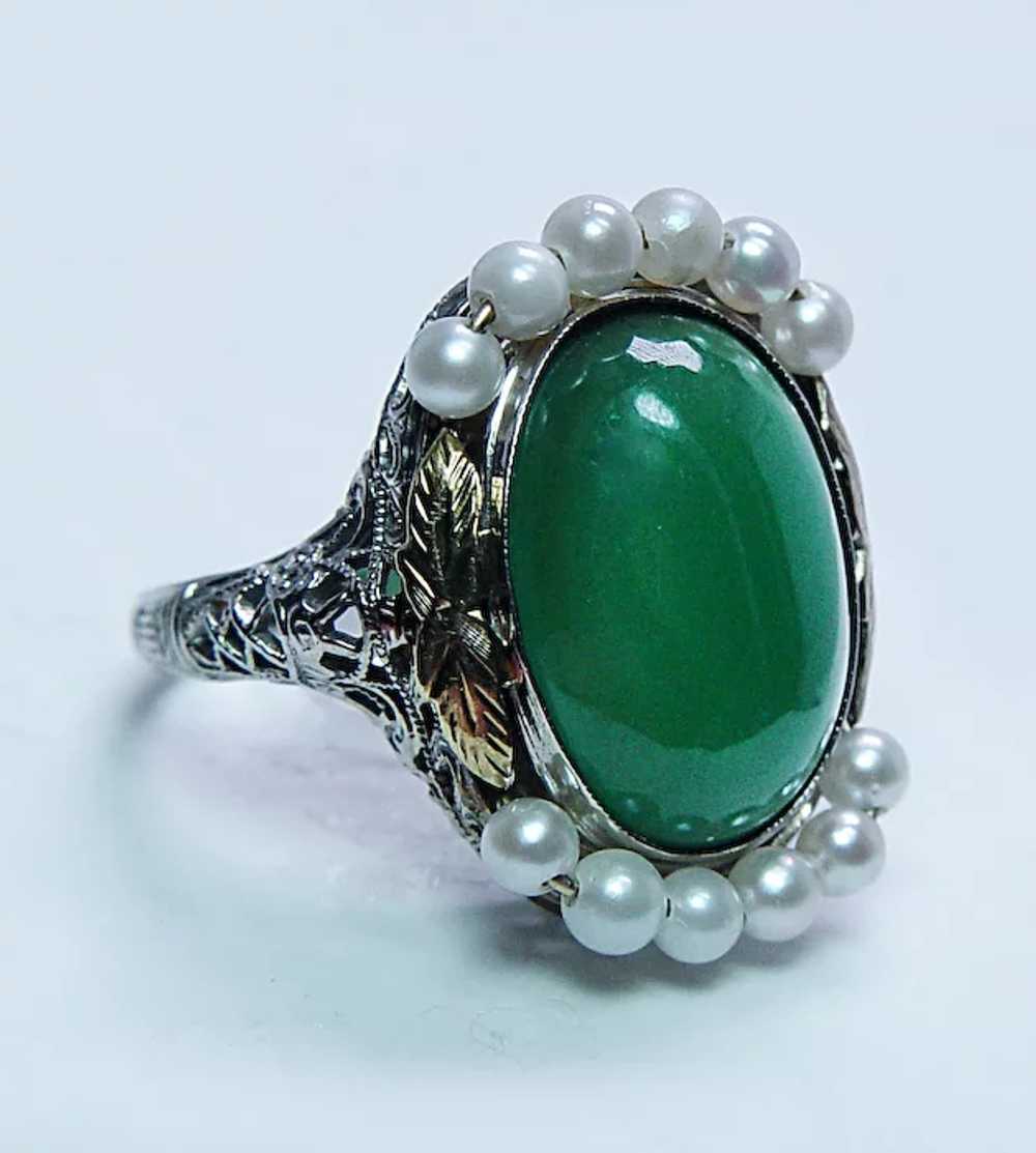 Edwardian Antique Apple Green Onyx Filigree Ring … - image 3