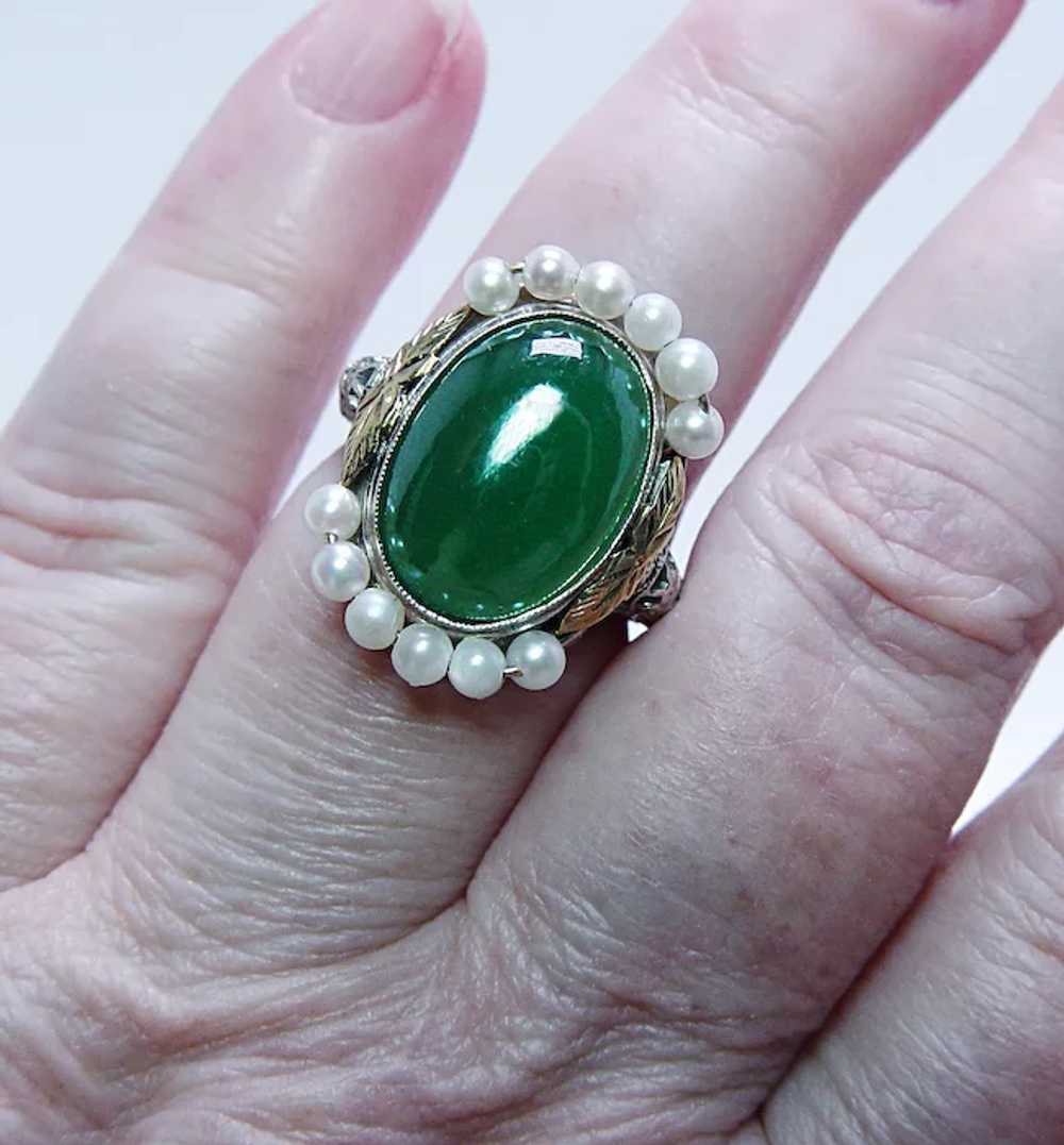 Edwardian Antique Apple Green Onyx Filigree Ring … - image 4