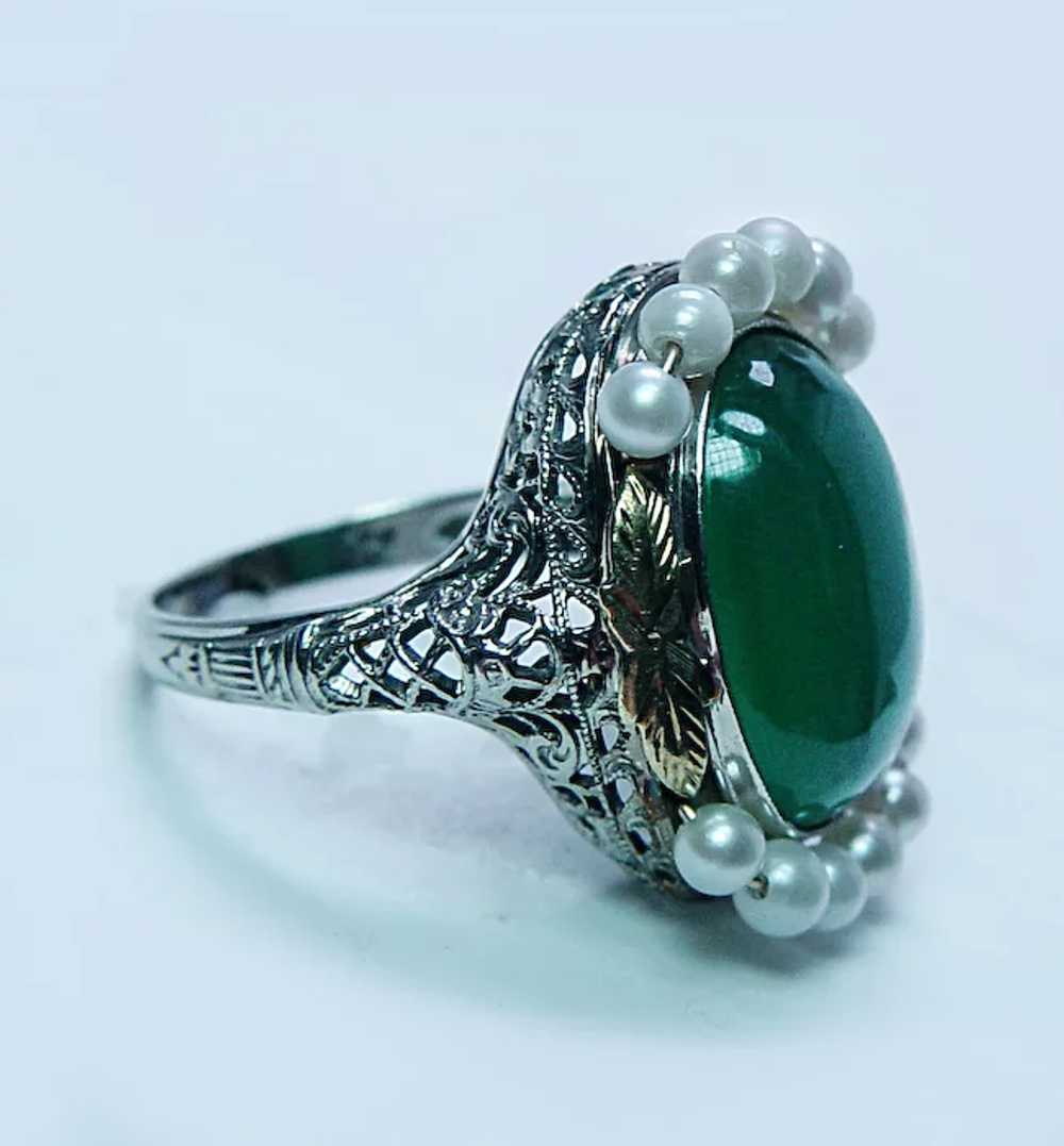 Edwardian Antique Apple Green Onyx Filigree Ring … - image 5