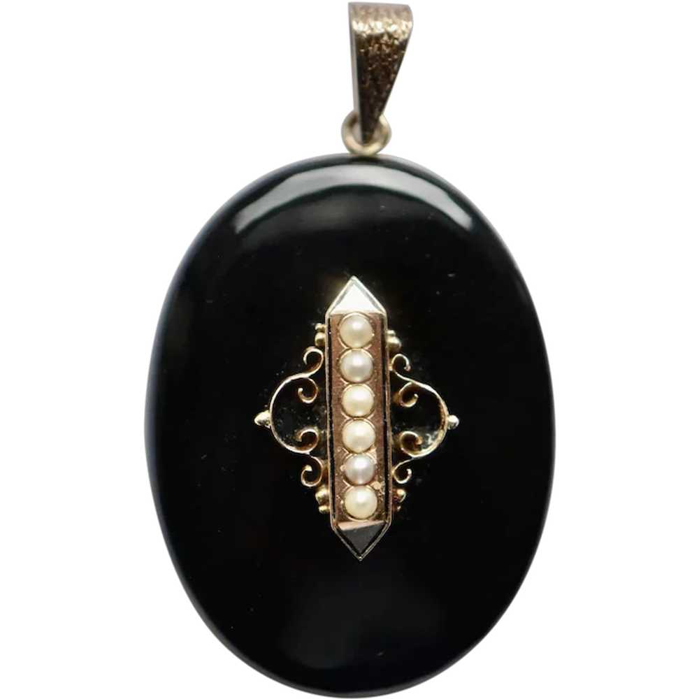 Victorian 14K Onyx and Pearls Mourning Photo Lock… - image 1