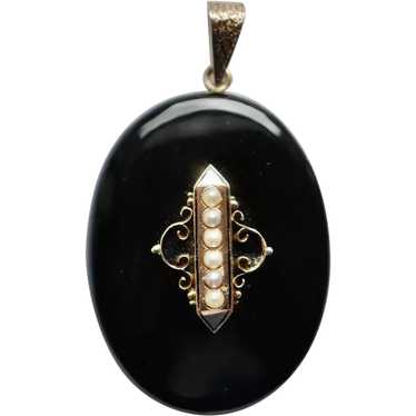Victorian 14K Onyx and Pearls Mourning Photo Lock… - image 1