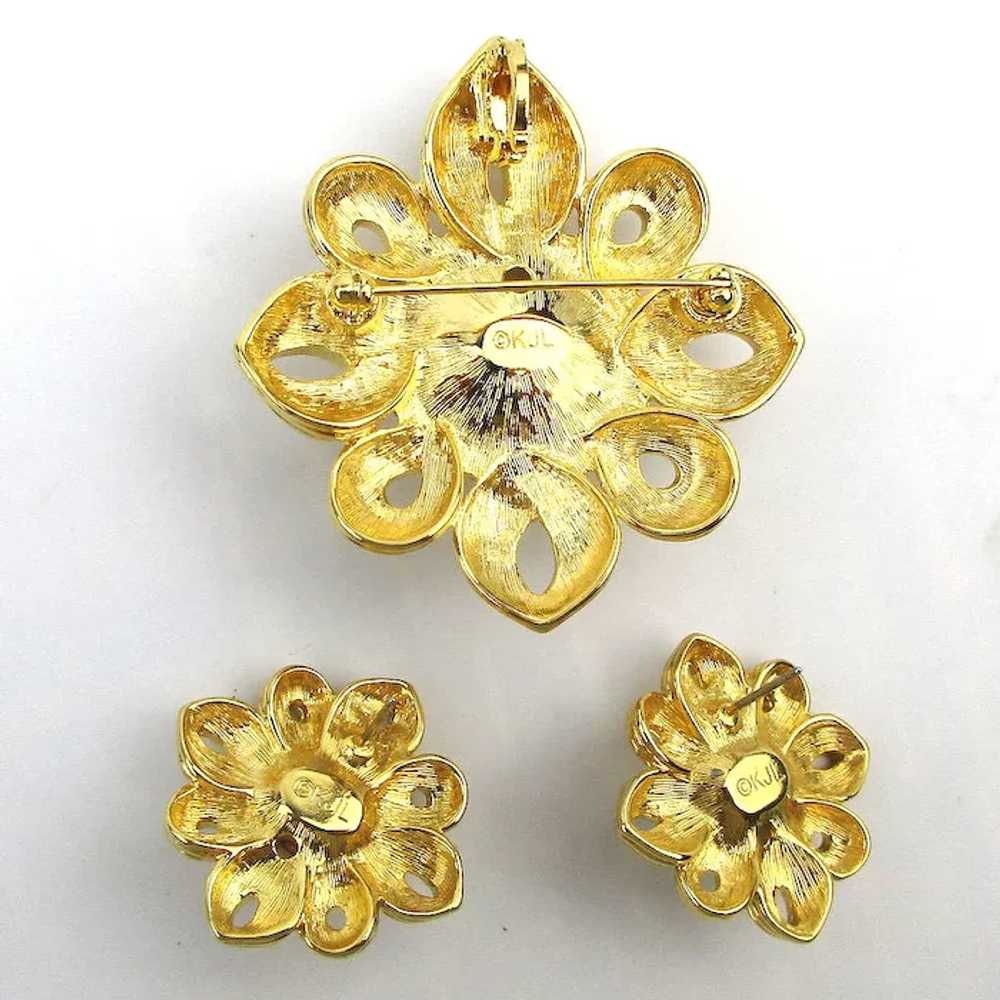 Vintage KJL Set - Pin Pendant Earrings Gilt Flowe… - image 4