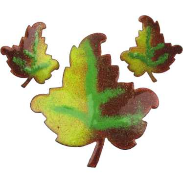 Vintage Enamel on Copper Leaf Set Pin Earrings Le… - image 1