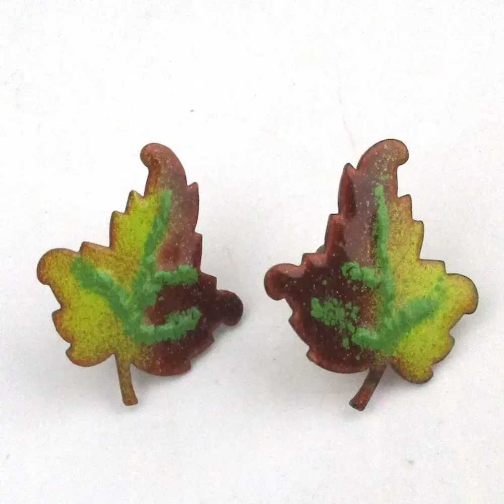 Vintage Enamel on Copper Leaf Set Pin Earrings Le… - image 3