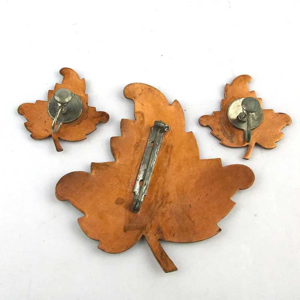 Vintage Enamel on Copper Leaf Set Pin Earrings Le… - image 5
