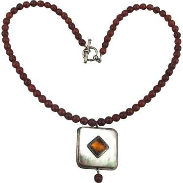 Estate Carnelian Amber Sterling Silver MOP Necklac