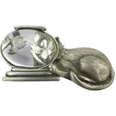 JJ Jonette Jewelry Pin - Curious Cat Eyeing Fish B