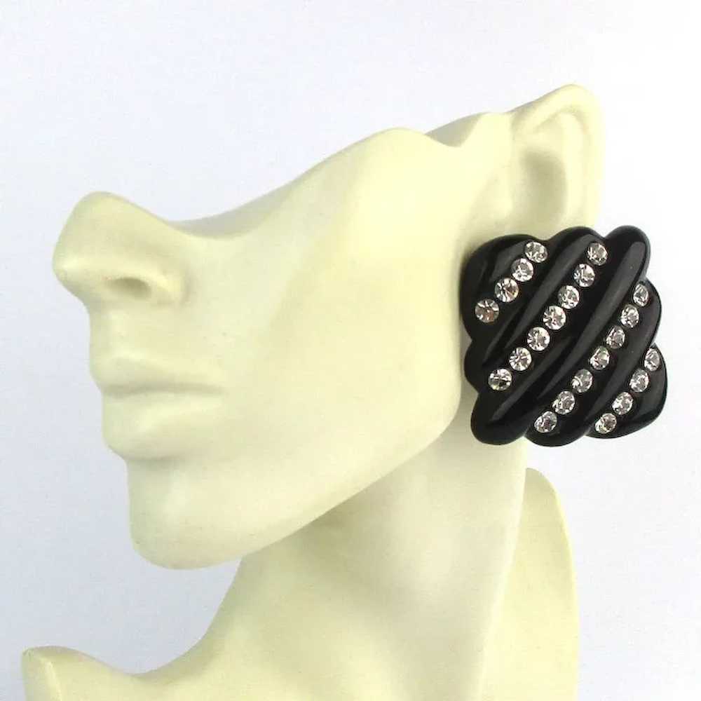 Big Black Lucite Rhinestone Clip Earrings - Runwa… - image 2