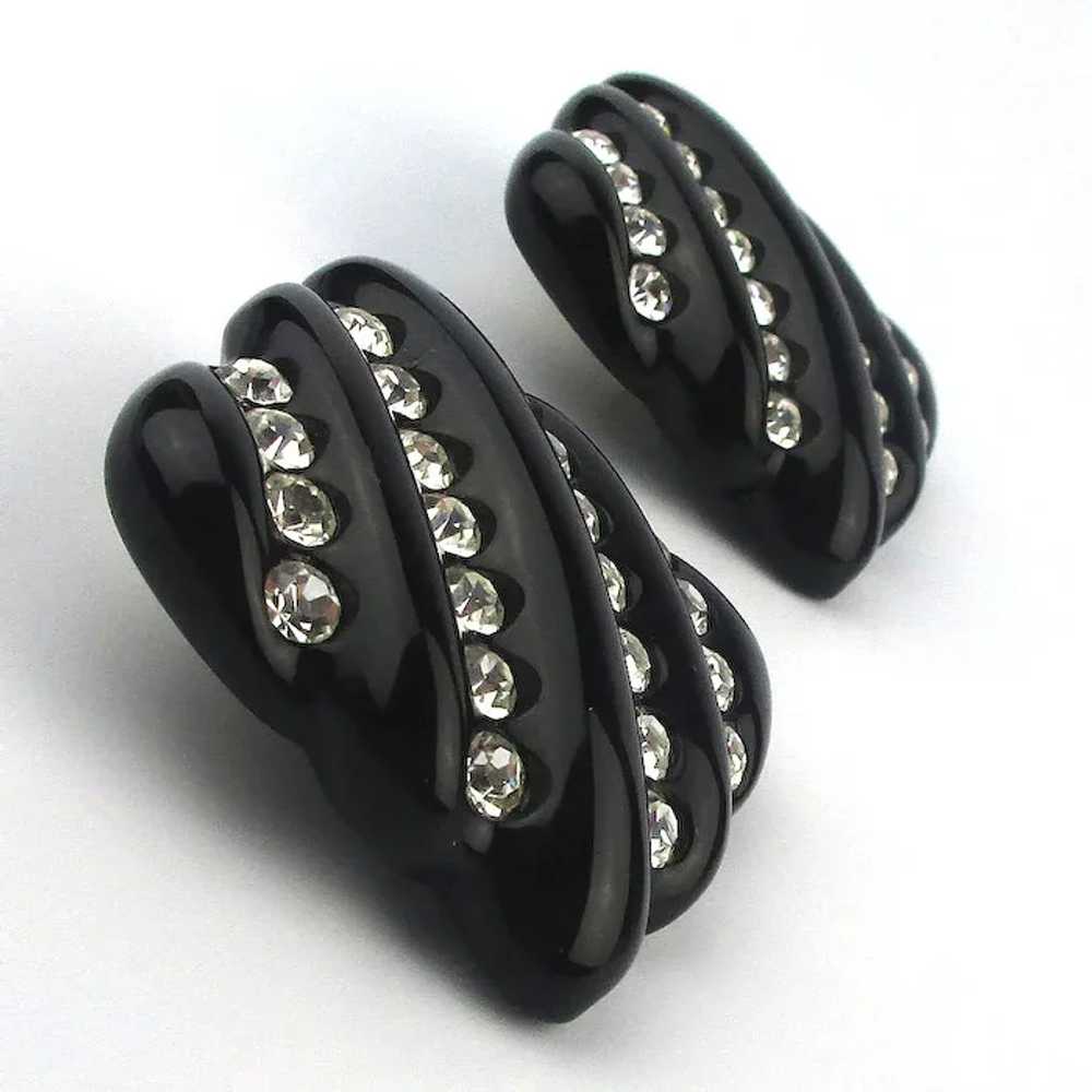 Big Black Lucite Rhinestone Clip Earrings - Runwa… - image 3