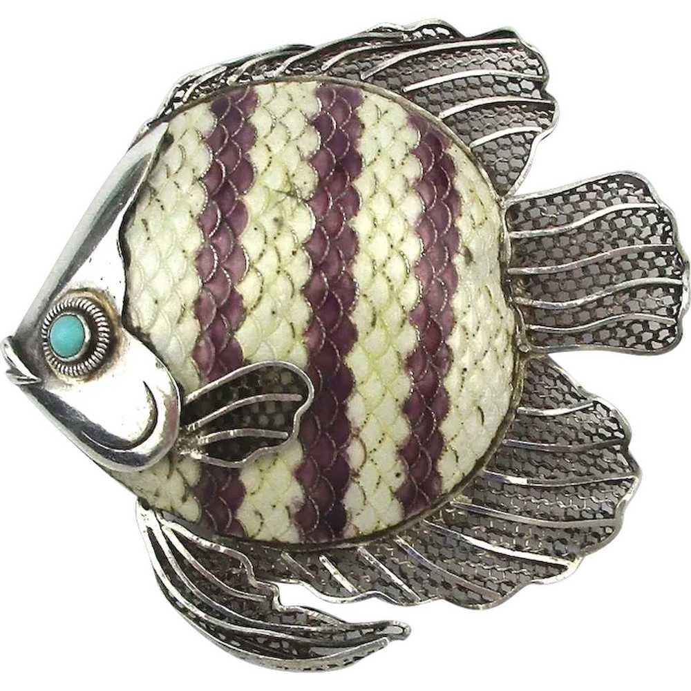 Intricate Sterling Silver Enamel Fish Pin Brooch - image 1