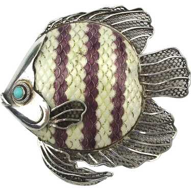 Intricate Sterling Silver Enamel Fish Pin Brooch - image 1