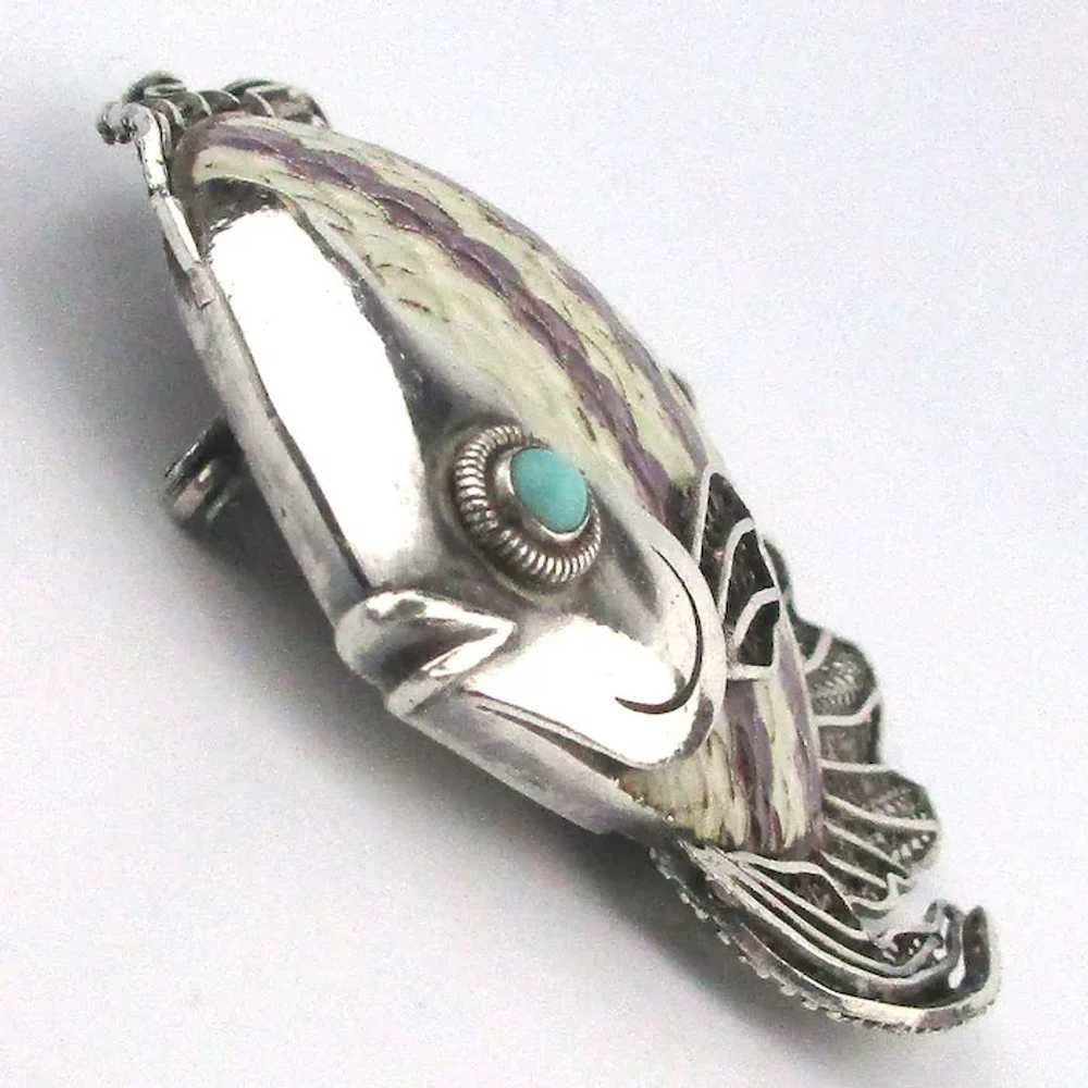 Intricate Sterling Silver Enamel Fish Pin Brooch - image 3