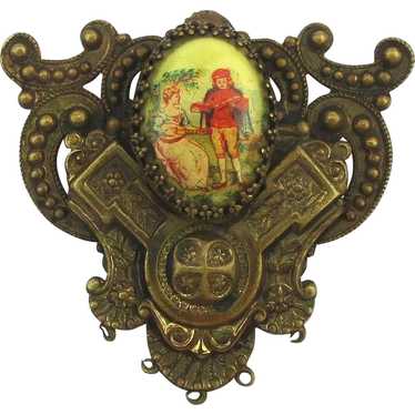 Charming Couple in Ornate Antique Brass Frame Pin 