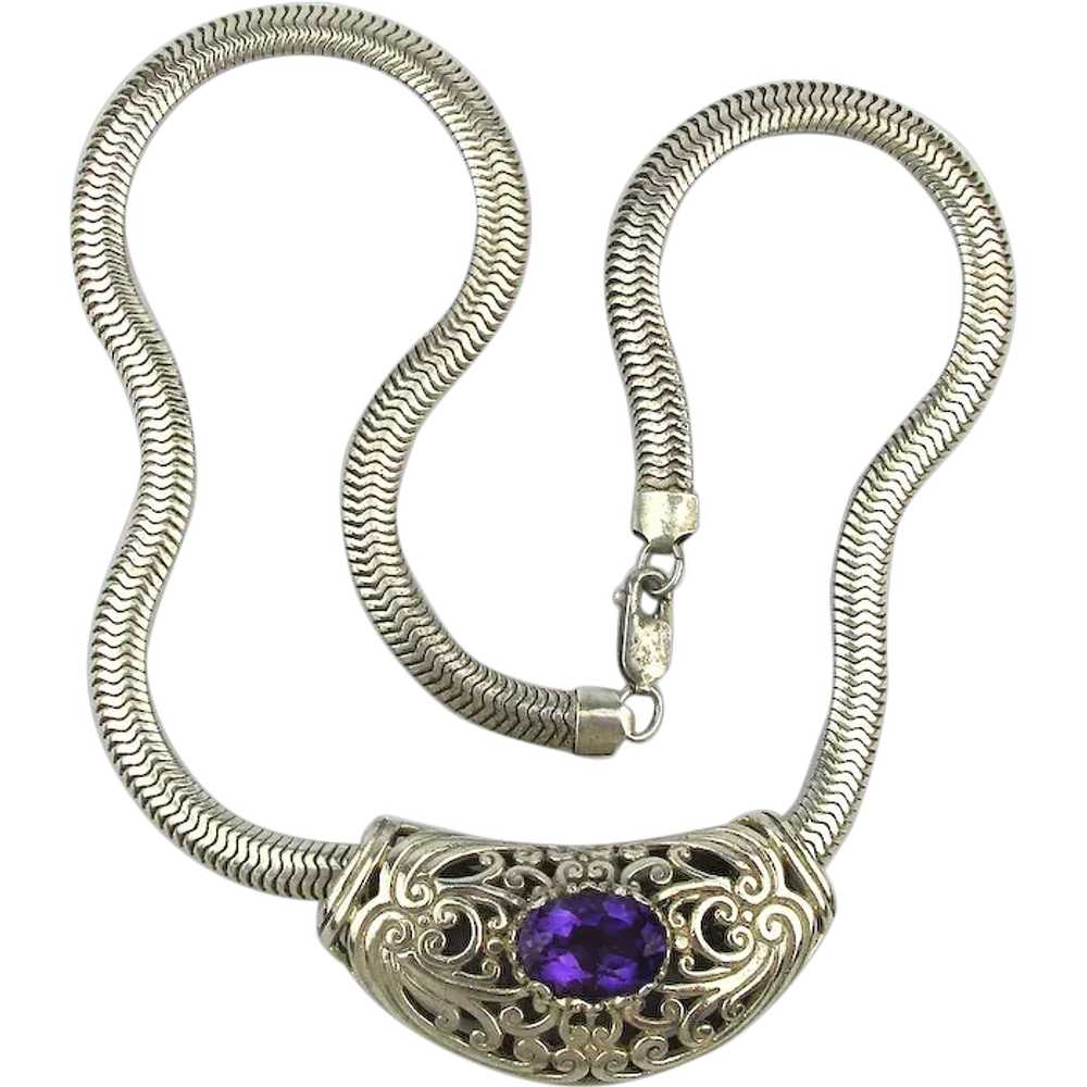 Ornate Sterling Silver Pendant on Wide Mesh Snake… - image 1