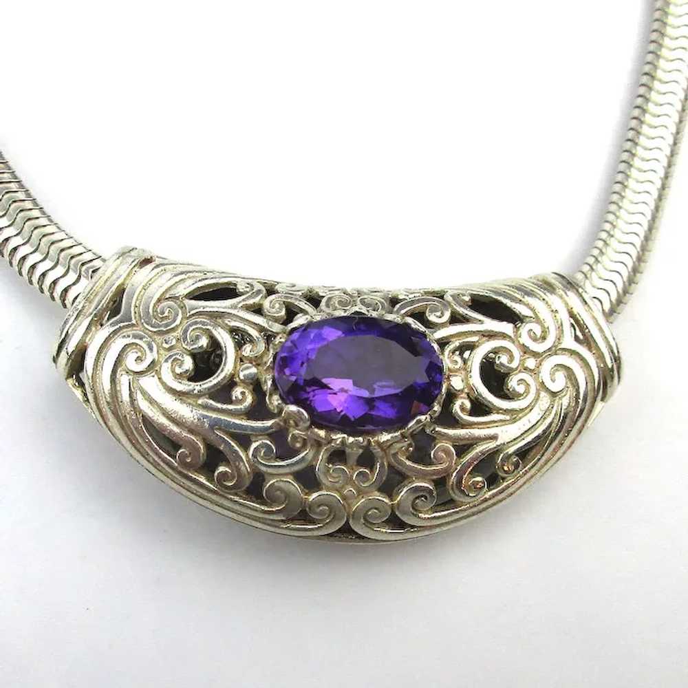 Ornate Sterling Silver Pendant on Wide Mesh Snake… - image 2