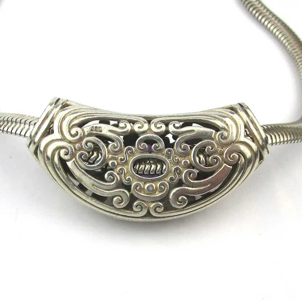 Ornate Sterling Silver Pendant on Wide Mesh Snake… - image 4