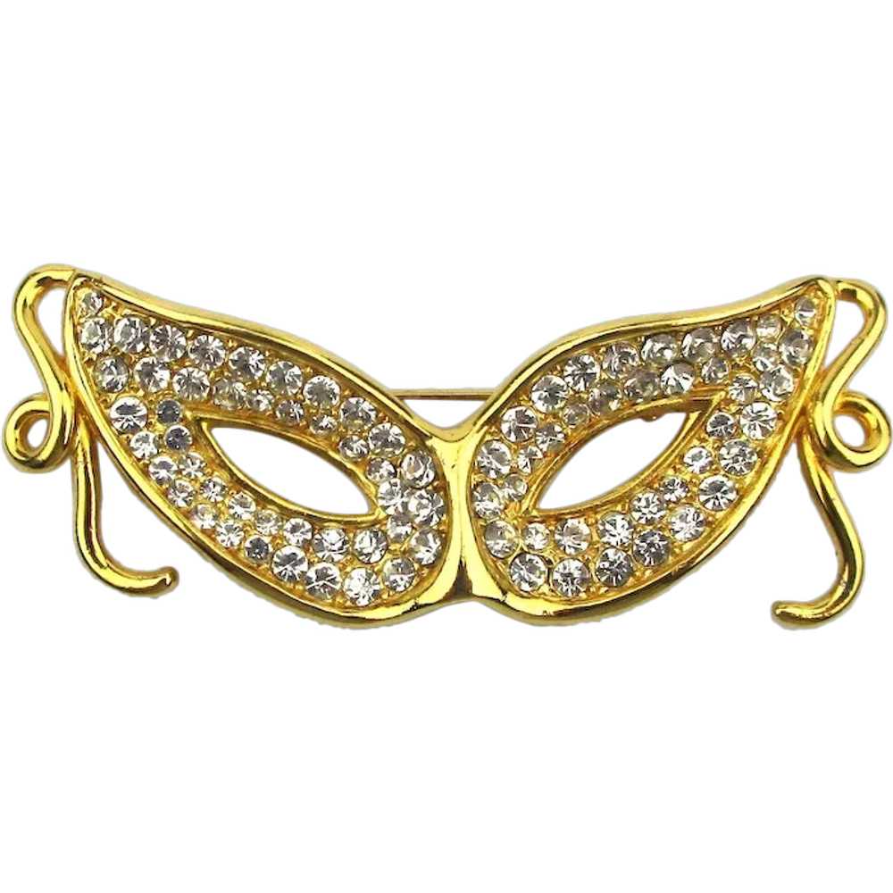 Masquerade Crystal Rhinestone Mask Pin Brooch Cat… - image 1