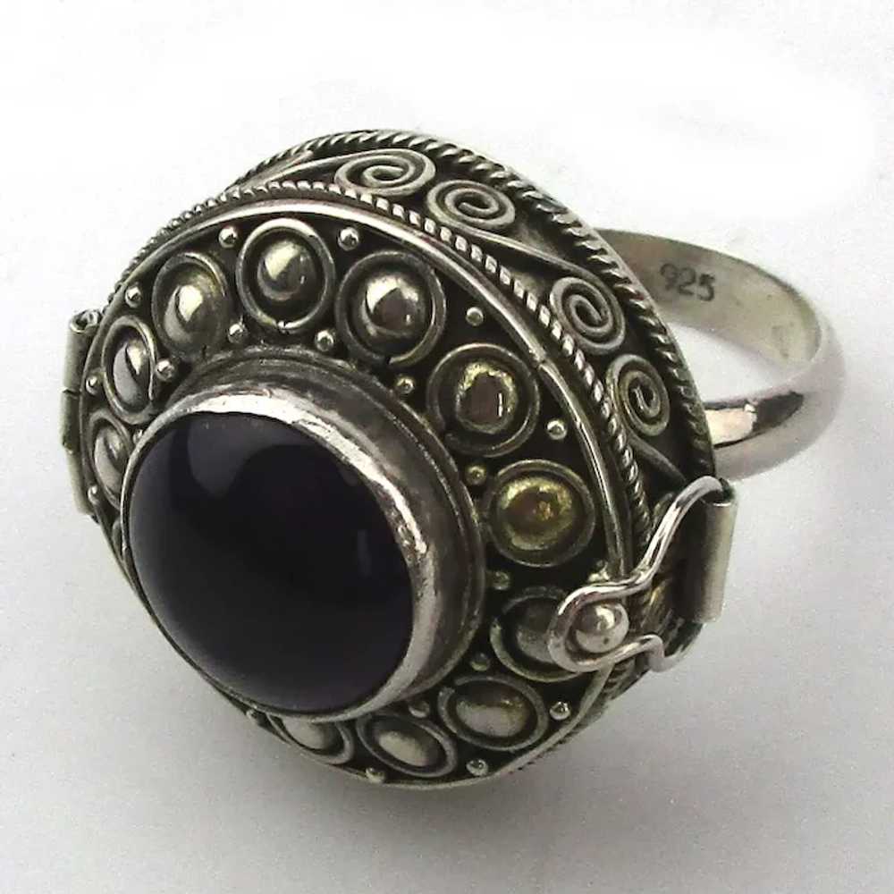 Ornate Sterling Silver Pill Box Ring w/ Amethyst - image 2