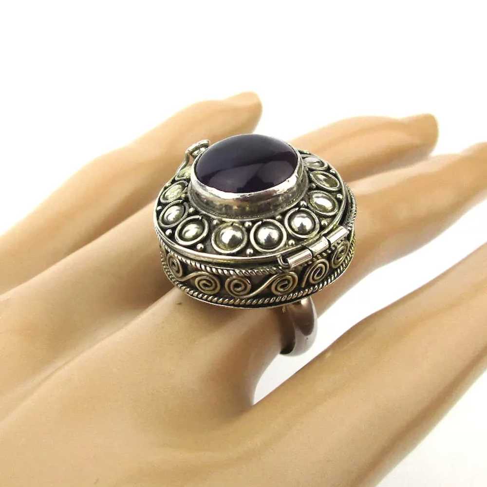 Ornate Sterling Silver Pill Box Ring w/ Amethyst - image 3