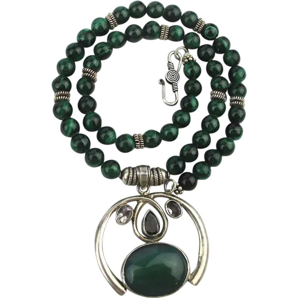 Sterling Silver Malachite Bead Necklace w/ Jewele… - image 1