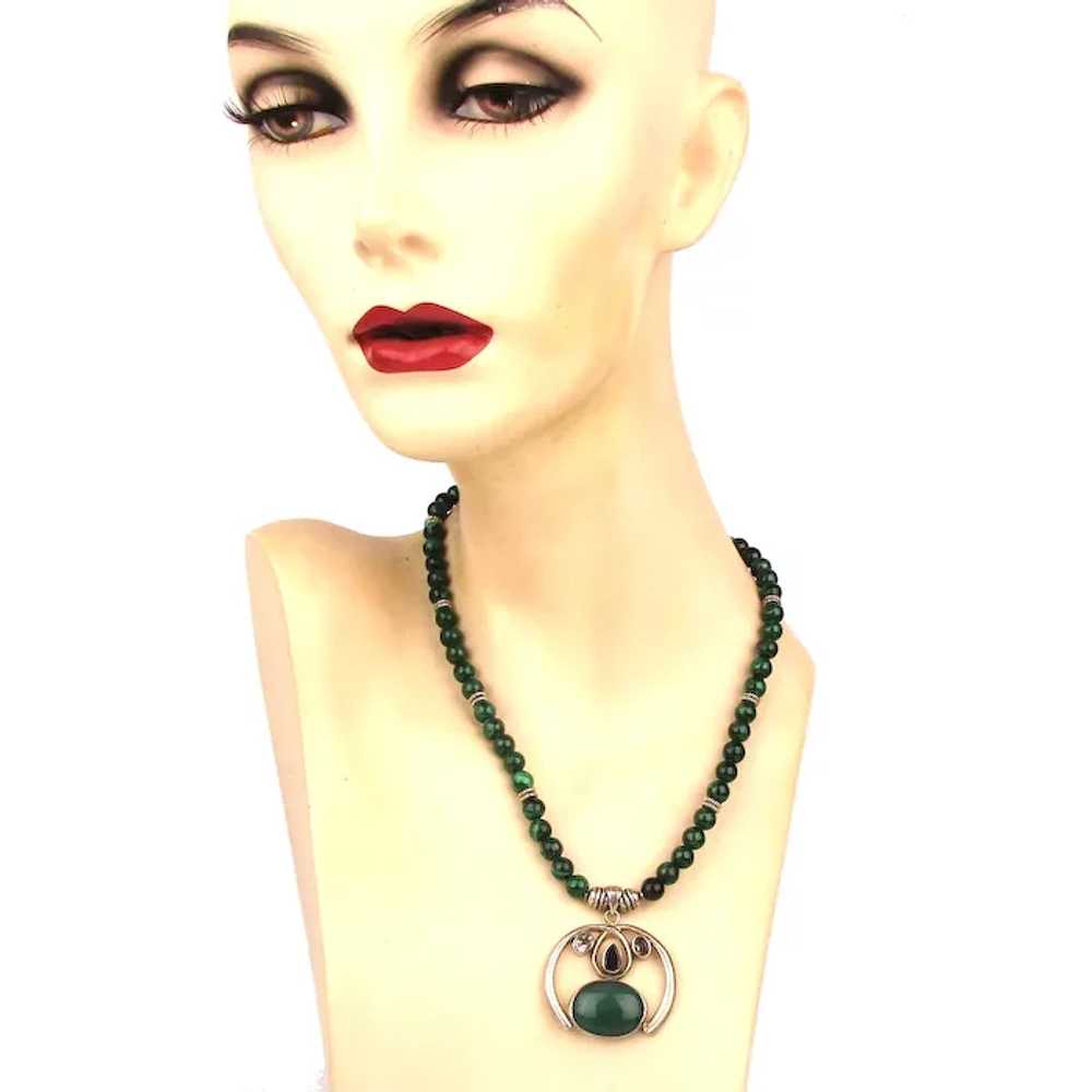 Sterling Silver Malachite Bead Necklace w/ Jewele… - image 2