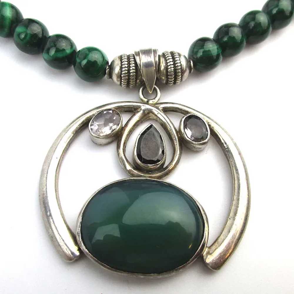 Sterling Silver Malachite Bead Necklace w/ Jewele… - image 3