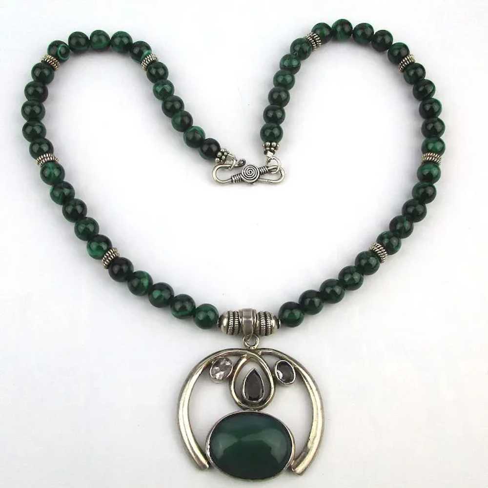 Sterling Silver Malachite Bead Necklace w/ Jewele… - image 4