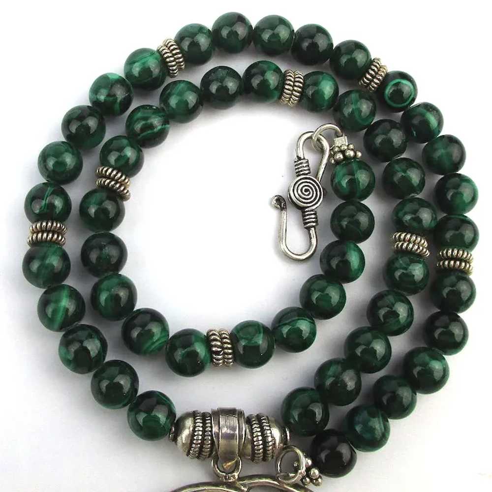 Sterling Silver Malachite Bead Necklace w/ Jewele… - image 5