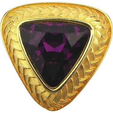 Signed SUNG Purple Glass Stone in Goldtone Pin Br… - image 1