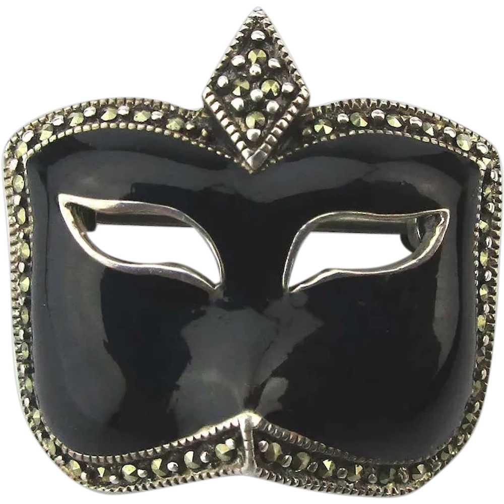 Sterling Silver Black Enamel Marcasite MASK Pin B… - image 1