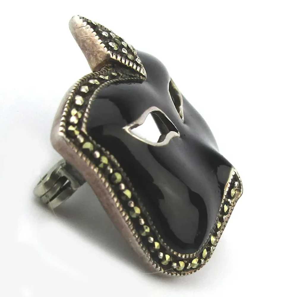 Sterling Silver Black Enamel Marcasite MASK Pin B… - image 2