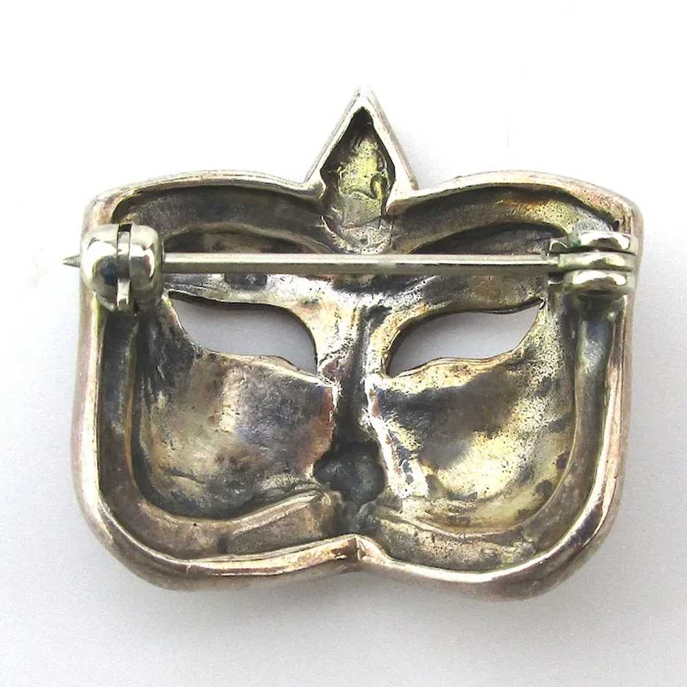 Sterling Silver Black Enamel Marcasite MASK Pin B… - image 3