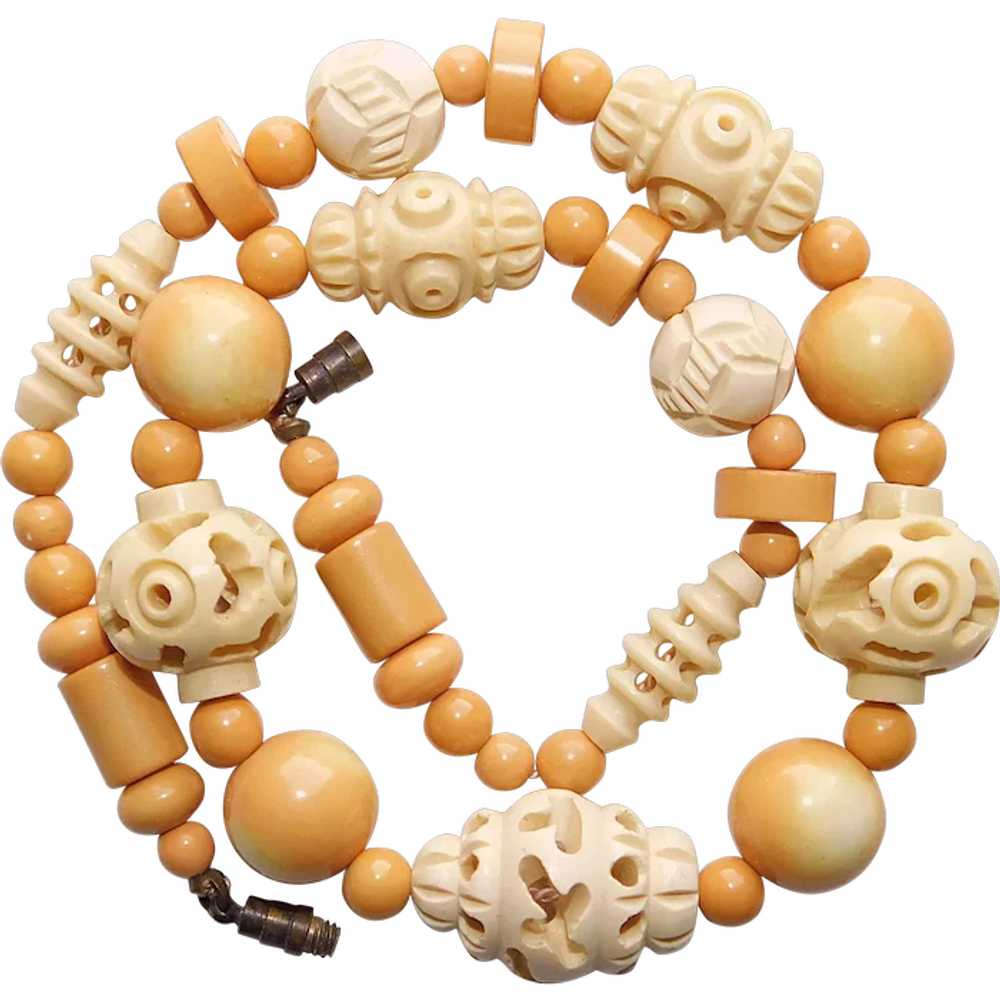 Fabulous Art Deco CARVED CELLULOID Bead Necklace - image 1