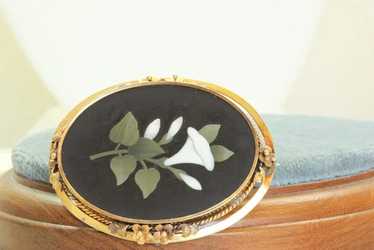 14K Calla Lily Pietra Dura Mourning Brooch - image 1