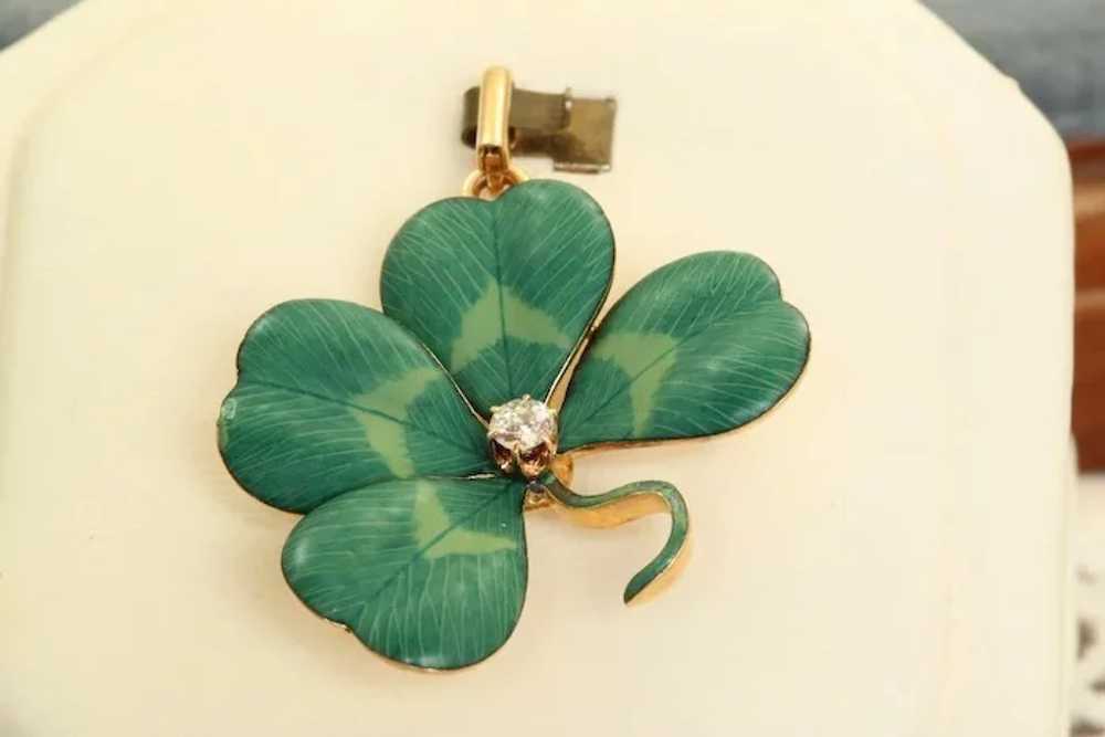 14K 4 Leaf Clover Diamond Art Nouveau Pin - image 1