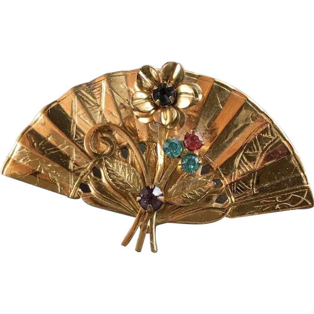 Coro Rhinestone Flowers on Fan Brooch - Gem