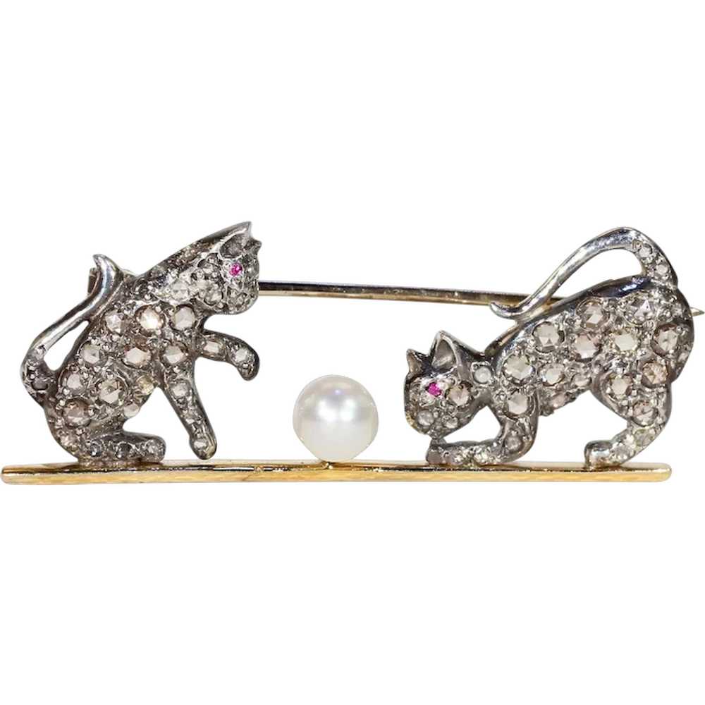 Victorian Diamond Ruby Pearl Playing Kittens Broo… - image 1