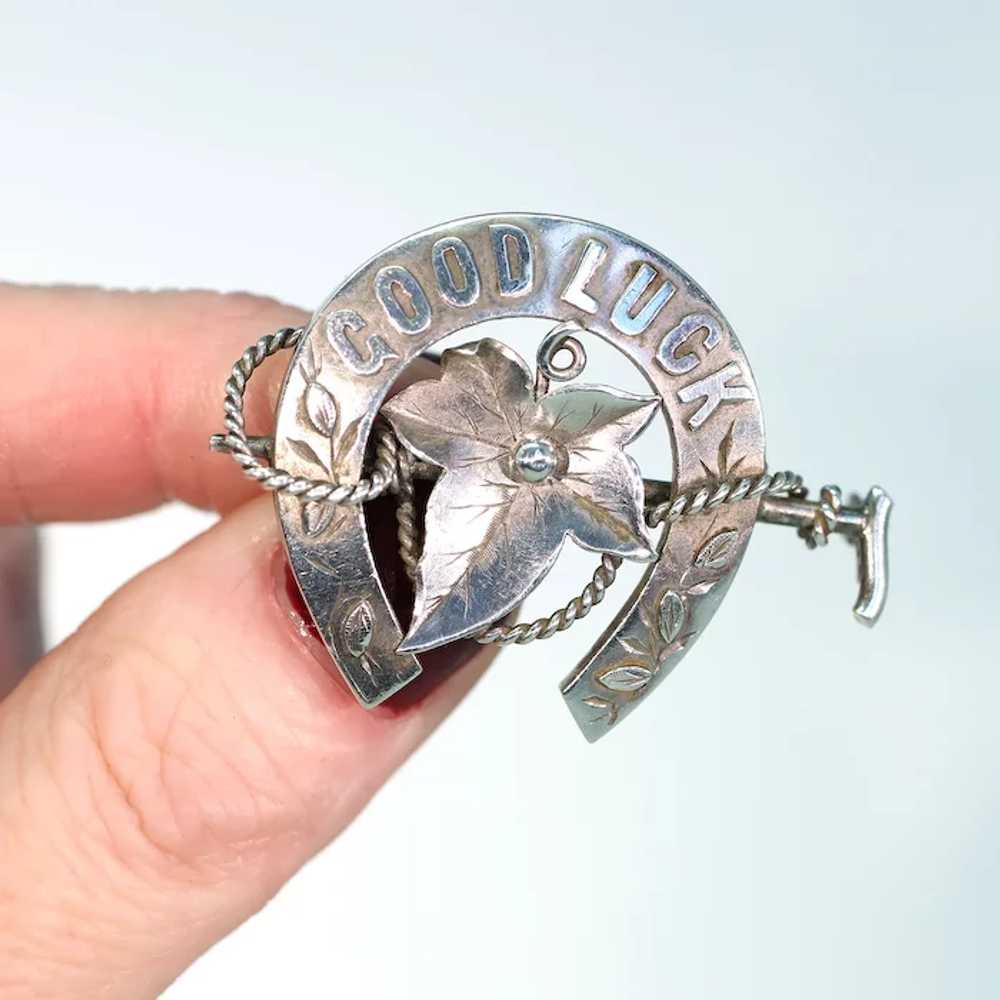 Antique Victorian Silver Horseshoe Brooch Ivy Rid… - image 5