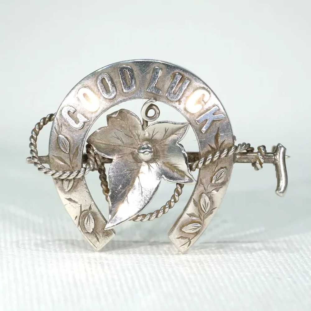 Antique Victorian Silver Horseshoe Brooch Ivy Rid… - image 8