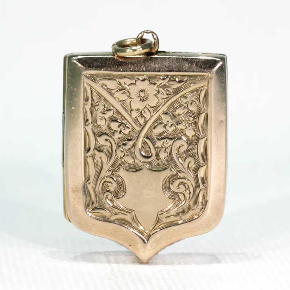 Victorian Engraved Shield Shaped Locket 9k Gold B… - image 11