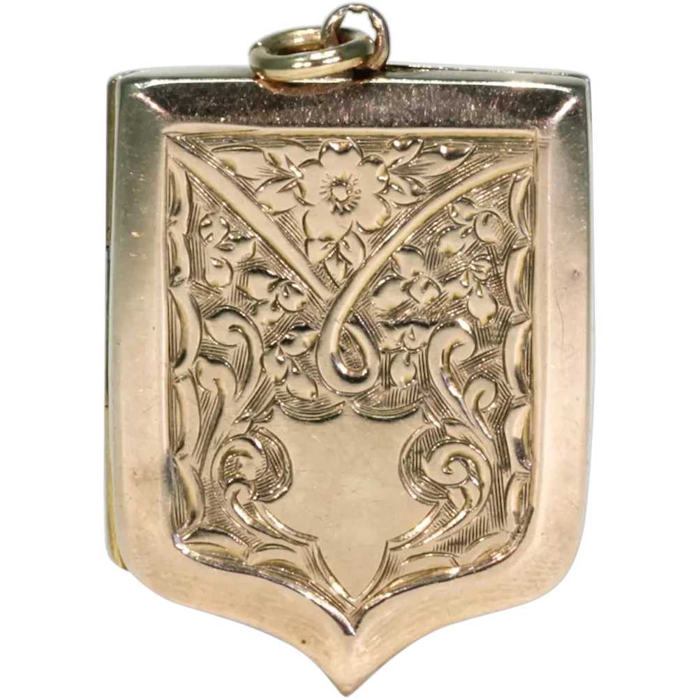 Victorian Engraved Shield Shaped Locket 9k Gold B… - image 1