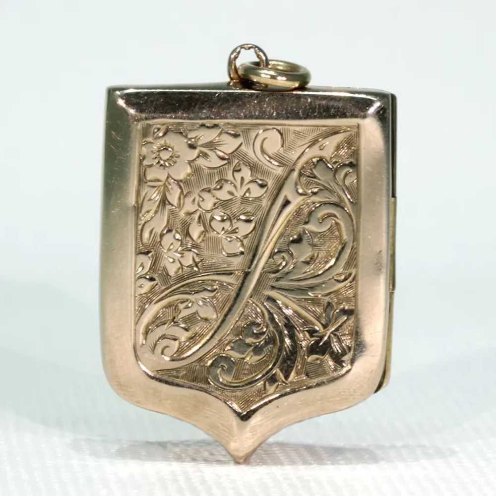 Victorian Engraved Shield Shaped Locket 9k Gold B… - image 3