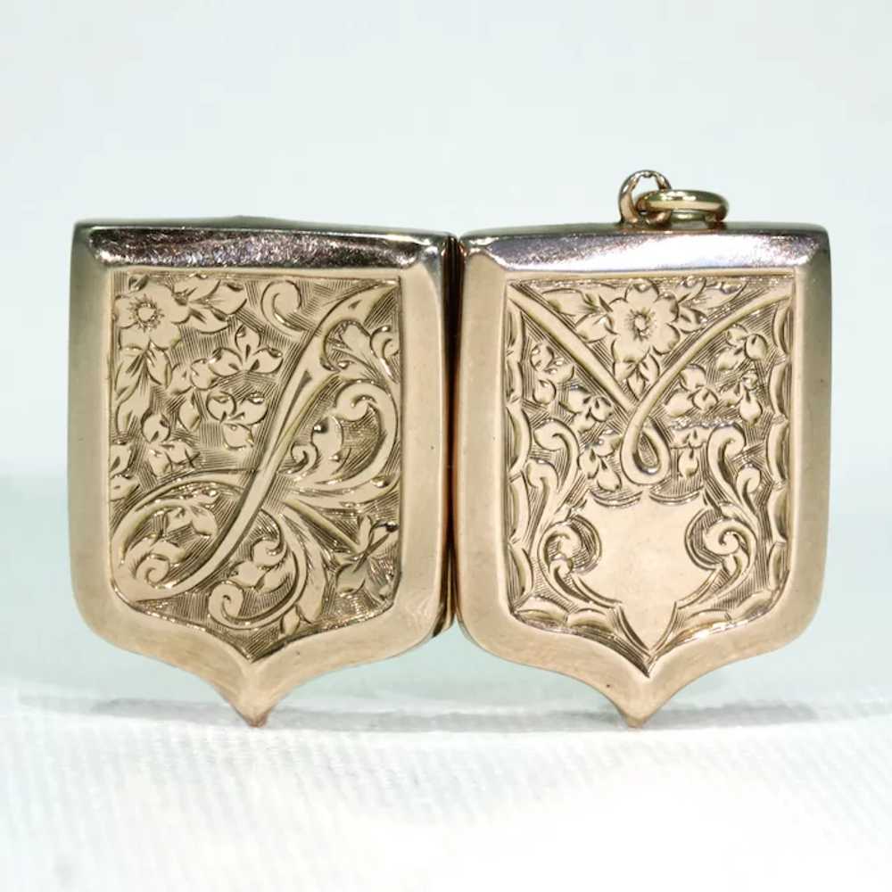 Victorian Engraved Shield Shaped Locket 9k Gold B… - image 4